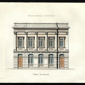 Antieke architectenafdruk voor het ontwerp van een openbare medische apotheek, afdrukdatum 1855 Ideal architects of Builders Office, handgekleurd.