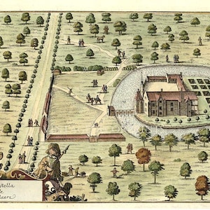 May include: An antique illustration depicting a manor house surrounded by a moat and gardens. The house is a multi-story structure with a gabled roof and multiple windows. The gardens are laid out in a grid pattern and feature a variety of trees and shrubs. The illustration is in a vintage style with hand-drawn details and a faded color palette.