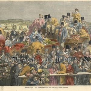 Horse Racing Print Epsom Races-Waiting for The Start 1861 Illustrated London News Hand Coloured in Water Colour.