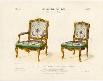 Interior Design Print of Chairs by Guilmard Paris c1866. Original French Antique Hand coloured Lithograph of Louis XIV Chairs.