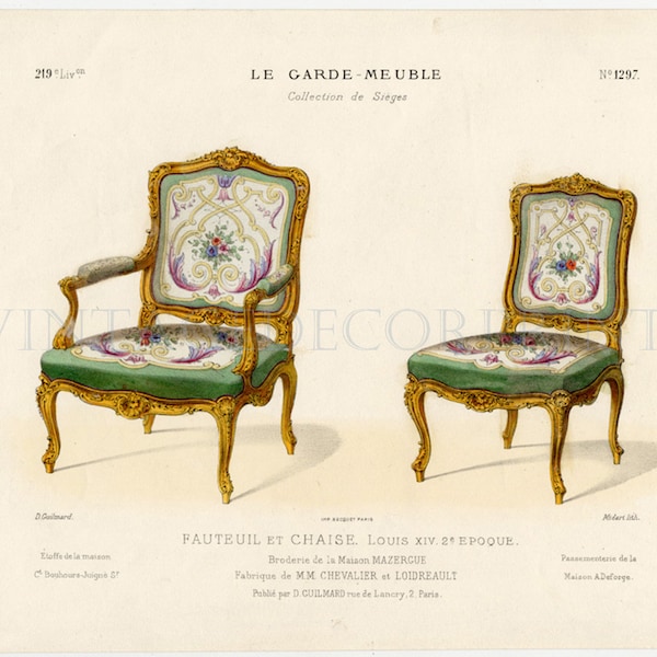 Design d'intérieur impression de chaises par Guilmard Paris c1866. Lithographie originale, française, colorée à la main, représentant des chaises Louis XIV.