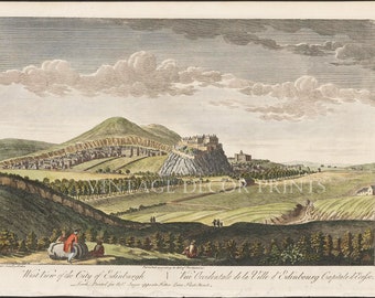 Edinburgh Scotland 1753 Engraving of The West View of The City of Edinburgh. Paul Sandby. 1753. Large Hand Coloured Decorative Engraving.