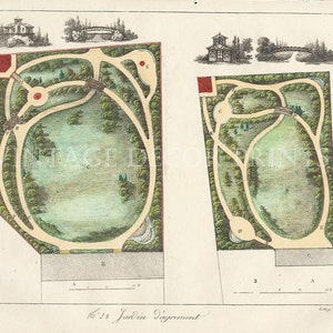 庭園デザイン、1828 年の手彩色フランス装飾庭園デザイン、ガブリエル・トゥアン作、庭園計画レゾヌ・ド・トゥート・レ・エスペ・ド・ジャルダン