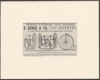 Fietsadvertentie voor D. Rudge & Co. uit 1885. Advertentie voor belangrijk voor voorgenomen 'fietsaankopen'. Penny Farthing en driewielers. Gematteerd.