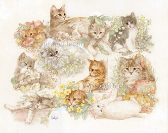 Original Watercolour of Cats 1980&#39;s Wall Art, Special Unique Gift For Her, Original Artwork by Patrick For Gordan Fraser - Free Shipping
