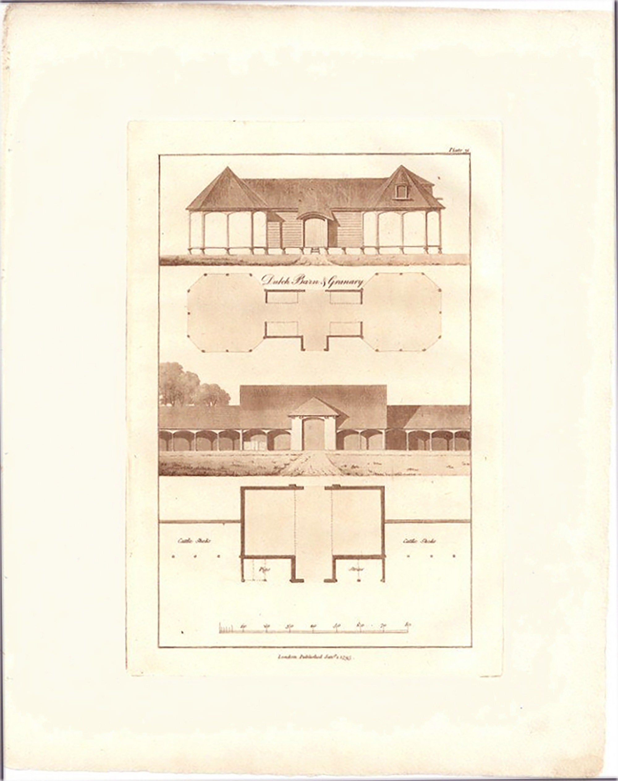 Dutch Barn & Granary Antique Garden Architecture Print, by John Plaw 1795, Sepia Aquatint, Rural Architecture View and Plan