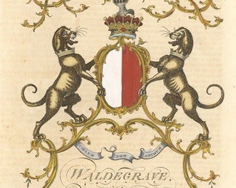 Waldegrave Coat of Arms Earl Waldegrave Genuine 1700's Heraldry Engraving Accurately Hand Coloured in Watercolour