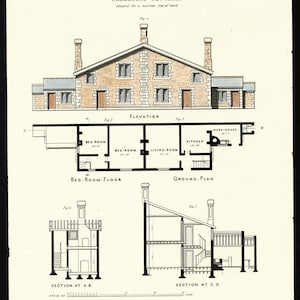 Antiek bouwersdrukontwerp voor een arbeidershuisje met plattegronden, afdrukdatum 1855 Ideaal architecten- of bouwkantoor, handgekleurd.