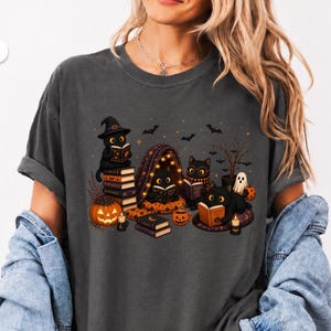 Black Cat Halloween Reading Shirt, Spooky Book Lover Cat Tee, Witchy Reader Gift For Her, Cat Mom Shirt, Librarian Bookish Gift