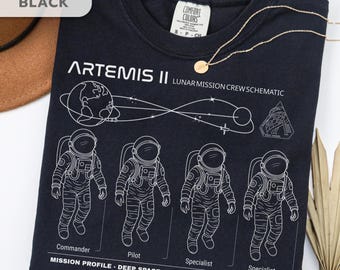 Comfort Colors Artemis II Lunar Mission Shirt, Astronaut Crew Schematic Graphic Tees, Space Exploration Astronomy Gift, Deep Space Line Art