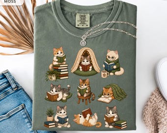 Camiseta divertida de gato leyendo, camiseta con gatos adorables con libros, regalo para amantes de los gatos, camiseta con estampado divertido de animales, camiseta de gato para amantes de los libros, regalo para ella.