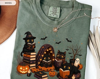 Camiseta de lectura de Halloween con gato negro, camiseta de gato para amantes de los libros espeluznantes, regalo para lectora bruja, camiseta para mamá de gatos, regalo para bibliotecaria amante de los libros