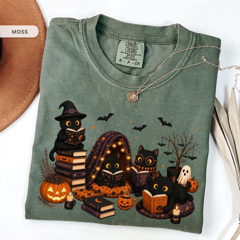Black Cat Halloween Reading Shirt, Spooky Book Lover Cat Tee, Witchy Reader Gift For Her, Cat Mom Shirt, Librarian Bookish Gift