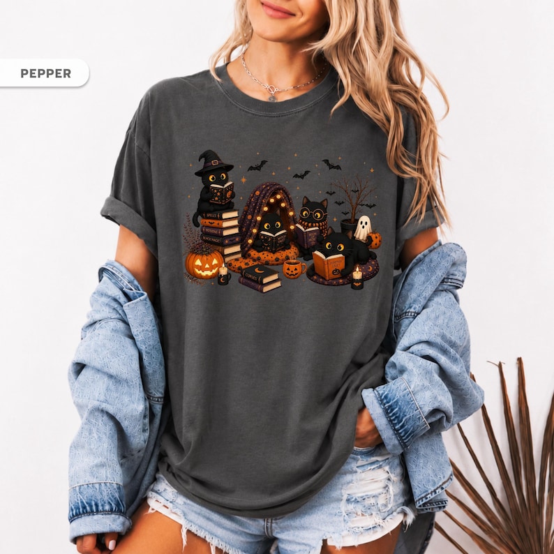 Black Cat Halloween Reading Shirt, Spooky Book Lover Cat Tee, Witchy Reader Gift For Her, Cat Mom Shirt, Librarian Bookish Gift