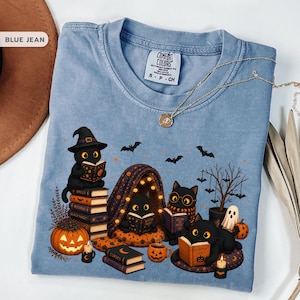 Black Cat Halloween Reading Shirt, Spooky Book Lover Cat Tee, Witchy Reader Gift For Her, Cat Mom Shirt, Librarian Bookish Gift afbeelding 4