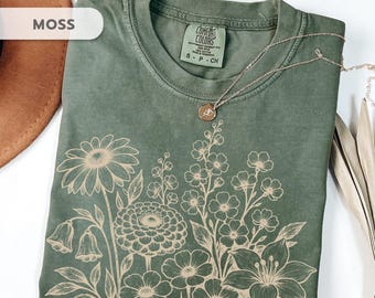 Comfort Colors Pressed Flower Shirt, Vintage Botanical Tee, Boho Cottagecore Wildflower Shirt, Plant Lover Gift, Gardener Tee