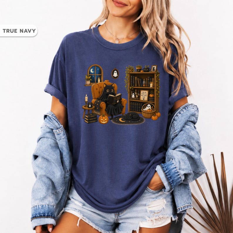 Comfort Colors Ghost Cat Shirt, Cozy Halloween Cat Tee, Spooky Reading Cat Shirt, Cute Autumn Book Lover Gift image 12