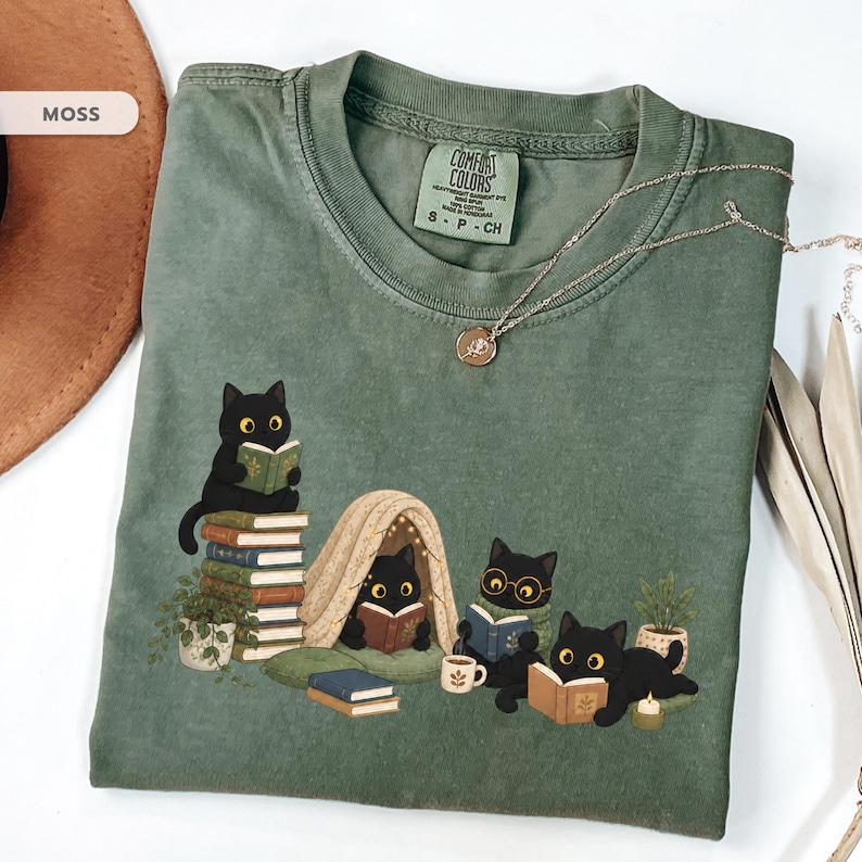 Black Cat Reading Shirt, Book Lover Cat Tee, Cozy Reader Gift For Her, Cat Mom Shirt, Librarian Teacher Bookish Gift