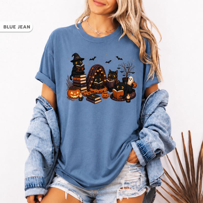 Black Cat Halloween Reading Shirt, Spooky Book Lover Cat Tee, Witchy Reader Gift For Her, Cat Mom Shirt, Librarian Bookish Gift afbeelding 11