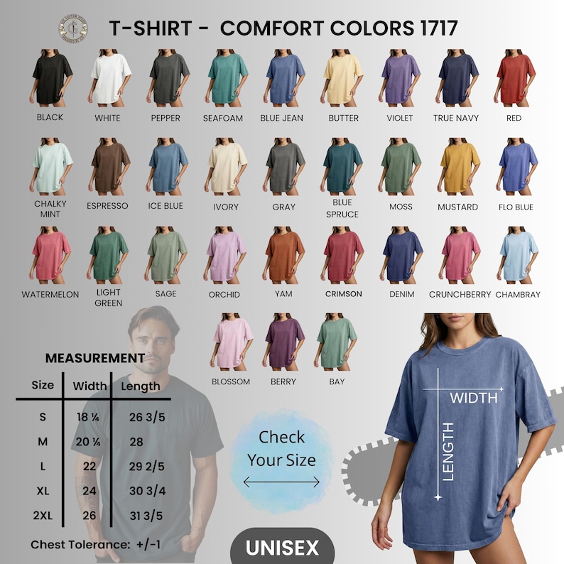 Może przedstawiać: R&oacute;żne koszulki unisex Comfort Colors 1717 w r&oacute;żnych kolorach, w tym czarnym, białym i niebieskim dżinsowym. Obraz wyświetla tabelę rozmiar&oacute;w z wymiarami w cm i tekstem "Check Your Size."