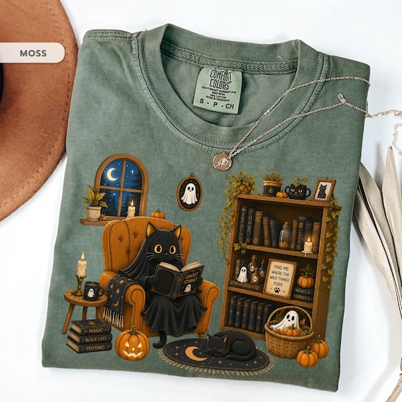 Comfort Colors Ghost Cat Shirt, Cozy Halloween Cat Tee, Spooky Reading Cat Shirt, Cute Autumn Book Lover Gift