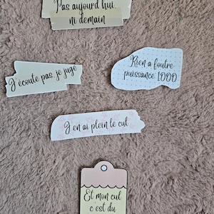 Può includere: Una collezione di adesivi con testo in francese su una superficie marrone strutturata. Gli adesivi presentano varie forme e frasi, tra cui "Pas aujourd'hui, ni demain" e "Et mon cul c'est du poulet."