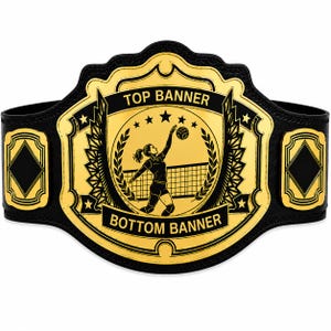 May include: A championship belt featuring a large gold-colored central plate with black accents. The plate displays a volleyball player graphic, a net, stars, and the text TOP BANNER and BOTTOM BANNER. The belt has a black strap and side plates.