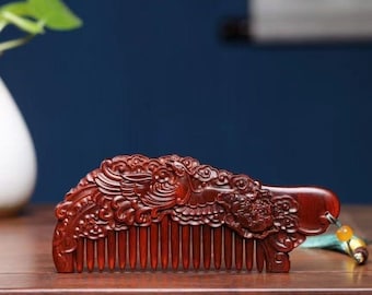 Hand Carved Rosewood Phoenix Peony Hair Comb Gift box - Natural sandalwood-for your girlfriend's elders