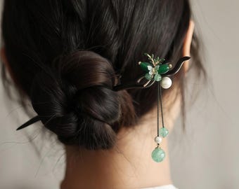 Handmade Ebony Hair Stick Agate Butterfly Tassel Wooden Hair Pin Accessory Gift for Her