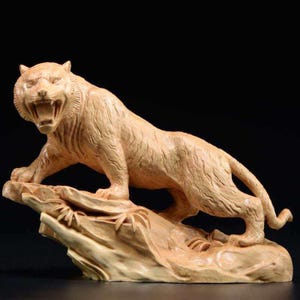 Hand Carved Boxwood Tiger Figurine, Wooden Sculpture, Wildlife Art, Desk Decor