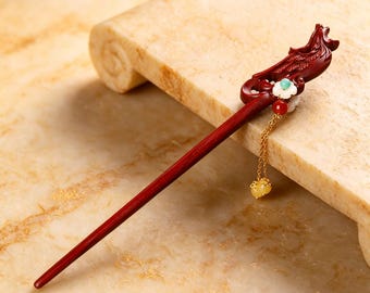 Hand Carved India Sandalwood Phoenix Hair Pin with Jade Tassel Gift for Her