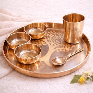 Ayurvedic Kansa Thali Set | Pure Bronze Dinnerware, Tree Engraving, Handmade Indian Tableware