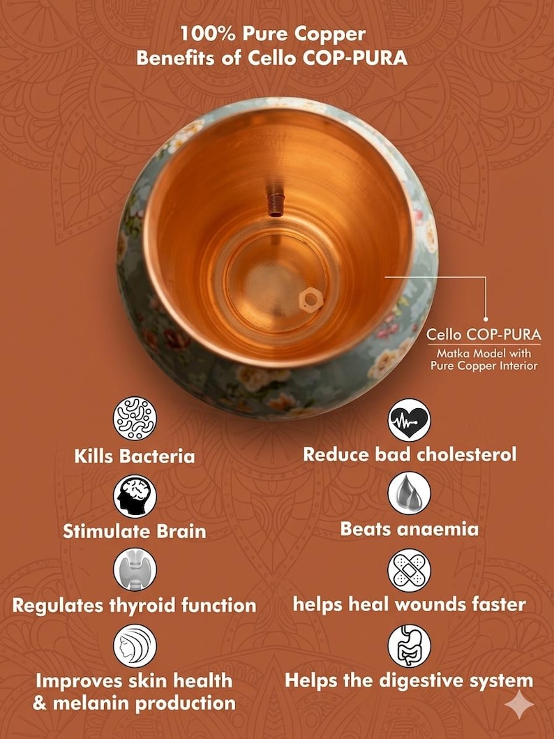 Może przedstawiać: Miedziane naczynie na wodę z kwiatowym wzorem na zewnątrz. Tekst na zdjęciu brzmi "100% Pure Copper Benefits of Cello COP-PURA". Naczynie to model Matka z czystym miedzianym wnętrzem.