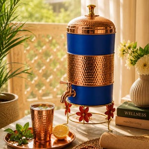 Handgemaakte waterdispenser van gehamerd koper, 8 liter waterreservoir met kraan en decoratieve standaard