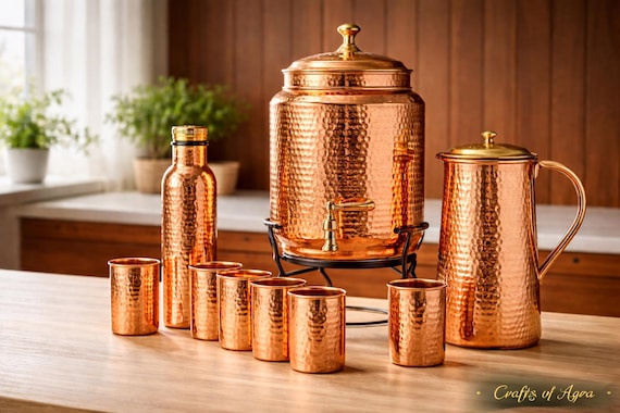 Hammered Pure Copper Water Dispenser Set with Tap, Ayurvedic Storage, Bottle Jug Glasses