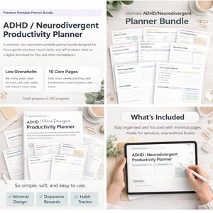 Könnte beinhalten: Ein digitales ADHD/Neurodivergent Produktivitätsplaner-Bundle. Das Bild zeigt verschiedene Planerseiten, ein Tablet mit einem Planer und den Text "Was ist enthalten". Der Planer ist für Fokus, sanfte Struktur und visuelle Klarheit konzipiert.