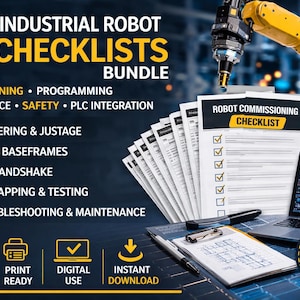 Könnte beinhalten: Ein Bundle von 50 Checklisten für Industrieroboter. Das Bild zeigt Checklisten, einen Laptop mit Code, einen gelben Roboterarm und den Text "Robot Commissioning Checklist". Themen sind Inbetriebnahme, Programmierung und Sicherheit.