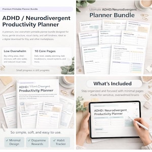 Könnte beinhalten: Ein digitales ADHD/Neurodivergent Produktivitätsplaner-Bundle. Das Bild zeigt verschiedene Planerseiten, ein Tablet mit einem Planer und den Text "Was ist enthalten". Der Planer ist für Fokus, sanfte Struktur und visuelle Klarheit konzipiert.