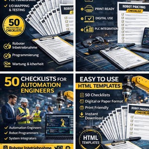Op de afbeelding: Een promotieafbeelding voor automatiseringstools voor ingenieurs, met checklists en sjablonen. De afbeelding benadrukt 50 checklists, printklare formaten, digitaal gebruik en PLC-integratie. Tekst omvat 'Robot Mastering Checklist' en 'Automation Engineers'.
