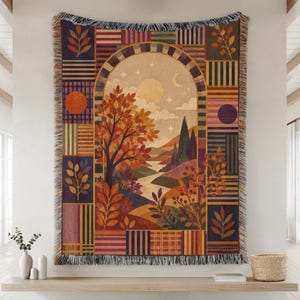 Tapiz mural de paisaje otoñal estilo patchwork, decoración otoñal de estilo textil tejido, estampado de naturaleza de arte popular, tapiz rústico tipo manta.