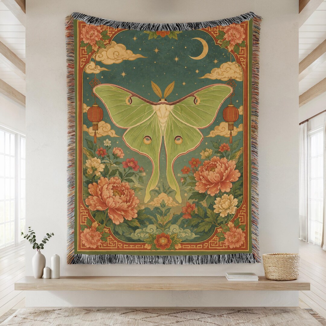 Luna Moth Asian Art Print, Chinese Lantern Wall Decor, Celestial Moon ...