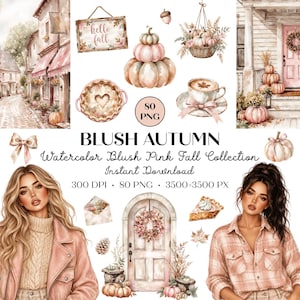Blush Autumn Watercolor Clipart Bundle, Pink Fall Clipart, Cozy Autumn PNG, Cottagecore Pumpkin Clipart, Cute Fall Graphics, Commercial Use