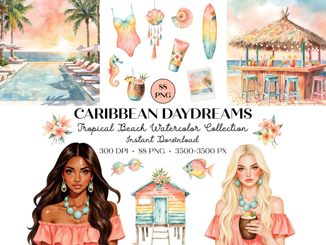 Caribbean Beach Watercolor Clipart Bundle, Tropical Summer PNG, Coastal ...