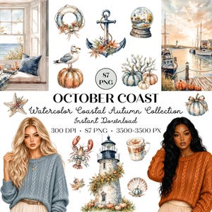 Puede incluir: Una colección digital titulada OCTOBER COAST Watercolor Coastal Autumn Collection que presenta ilustraciones en acuarela de faros, anclas, calabazas, gaviotas, langostas y escenas costeras, junto a dos personas con jerséis de punto trenzado.
