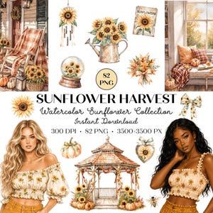 Sunflower Harvest Watercolor Clipart Bundle, Fall Sunflower PNG, Autumn Watercolor Clip Art, Farmhouse Harvest Graphics, Pumpkin Floral PNG