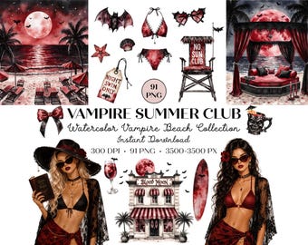 Vampir Summer Club Clipart, Gothic Strand Clipart Bundle, Summerween PNG, Blutmond Strand Grafiken, Halloween Sommer Aquarell PNG