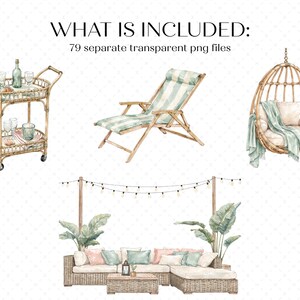 K&ouml;nnte beinhalten: Aquarell-Illustration von Gartenm&ouml;beln, darunter ein Servierwagen, ein gestreifter Liegestuhl, ein H&auml;ngesessel und ein Ecksofa mit Kissen. Der Text "WHAT IS INCLUDED: 79 separate transparent png files" steht oben.
