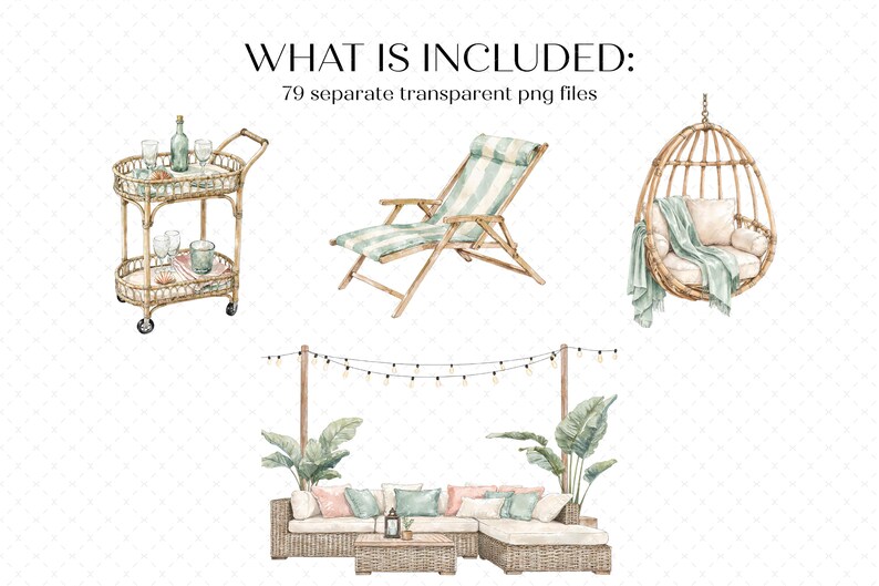 K&ouml;nnte beinhalten: Aquarell-Illustration von Gartenm&ouml;beln, darunter ein Servierwagen, ein gestreifter Liegestuhl, ein H&auml;ngesessel und ein Ecksofa mit Kissen. Der Text "WHAT IS INCLUDED: 79 separate transparent png files" steht oben.