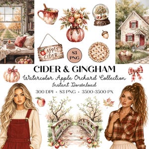 Pode incluir: Uma coleção digital intitulada CIDER & GINGHAM Watercolor Apple Orchard Collection com 83 arquivos PNG. O conjunto inclui ilustrações em aquarela de um pomar de maçãs, uma casa, uma ponte, uma caneca, uma torta e duas figuras femininas.