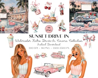 Sonnenuntergang Drive-In Aquarell Clipart Bundle, Retro Sommer PNG, Kokette Diner Americana Grafiken, Vintage Kino Clipart, Autokino PNG